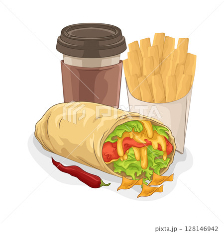 Illustration of Taco with French Fries and Coffee Cup 128146942