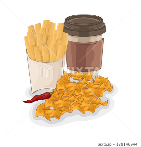 Illustration of Tortilla Chips with French Fries and Coffee Cup Illustration of Tortilla Chips with French Fries and Coffee Cup 128146944