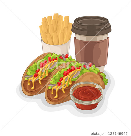 Illustration of Taco with French Fries and Coffee Cup Illustration of Taco with French Fries and Coffee Cup 128146945