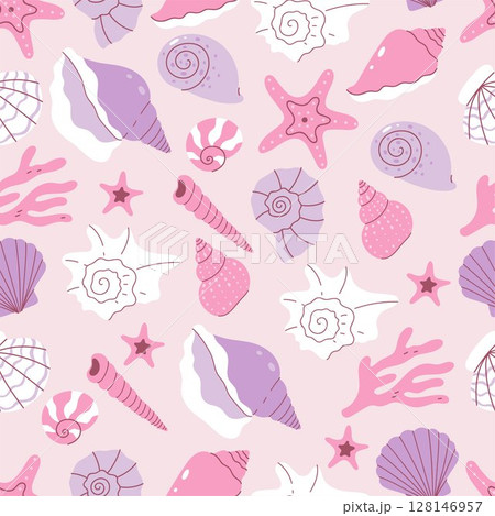Seamless pattern with seashells in soft pink and soft purple colors. Vector graphics. 128146957