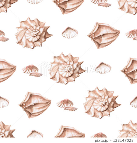 Seamless pattern with different sea shells. Isolated watercolor illustration for packaging design, textile printing, restaurant and menu design, summer food courts, fabric printing. Seamless pattern with different sea shells. Isolated watercolor illustration for packaging design, textile printing, restaurant and menu design, summer food courts, fabric printing. 128147028