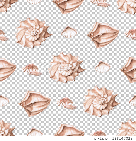 Seamless pattern with different sea shells. Isolated watercolor illustration for packaging design, textile printing, restaurant and menu design, summer food courts, fabric printing. Seamless pattern with different sea shells. Isolated watercolor illustration for packaging design, textile printing, restaurant and menu design, summer food courts, fabric printing. 128147028