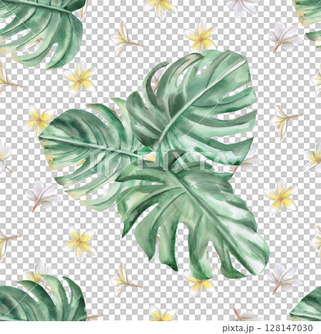 Seamless pattern with plumeria flowers and monstera leaves. Isolated watercolor illustration for packaging design, textile printing, restaurant and menu design, summer food courts, fabric printing. Seamless pattern with plumeria flowers and monstera leaves. Isolated watercolor illustration for packaging design, textile printing, restaurant and menu design, summer food courts, fabric printing. 128147030