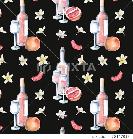 Seamless pattern with rose wine bottle, glasses and flowers on black background. Isolated watercolor illustration for packaging design, textile printing, restaurant and menu design, summer food courts 128147038