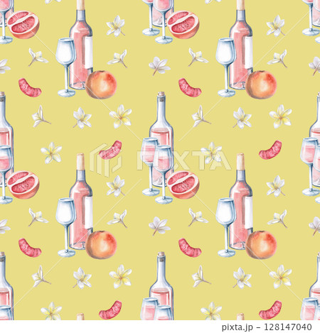 Seamless pattern with rose wine bottle, glasses and flowers on yellow background. Isolated watercolor illustration for packaging design, textile print, restaurant and menu design, summer food courts. Seamless pattern with rose wine bottle, glasses and flowers on yellow background. Isolated watercolor illustration for packaging design, textile print, restaurant and menu design, summer food courts. 128147040