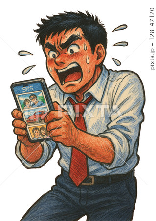 SNSの投稿に動揺するビジネスマン、情報に焦り感情を爆発させる男、スマホ画面を見て激しく動揺する様子 128147120