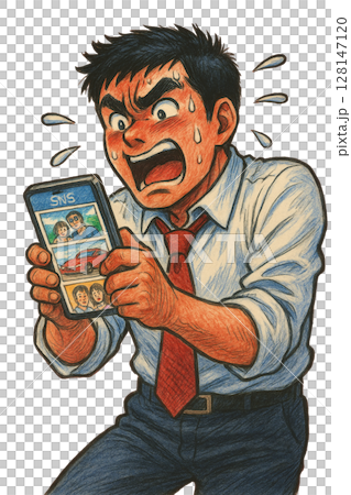 SNSの投稿に動揺するビジネスマン、情報に焦り感情を爆発させる男、スマホ画面を見て激しく動揺する様子 128147120