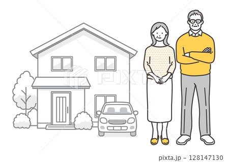 一軒家と車とシニア夫婦のベクターイラスト素材 128147130