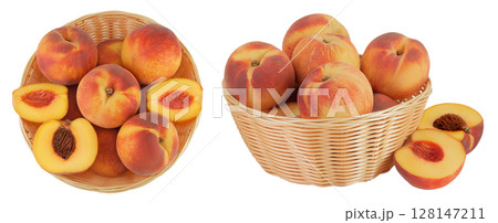 Ripe peach fruit with half in a wicker basket isolated on white background with full depth of field. Top view. Flat lay Ripe peach fruit with half in a wicker basket isolated on white background with full depth of field. Top view. Flat lay 128147211