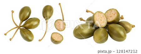 Capers isolated on white background. Pickled or canned capers. Top view. Flat lay Capers isolated on white background. Pickled or canned capers. Top view. Flat lay 128147212