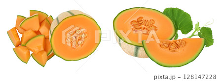 Cantaloupe melon isolated on white background with full depth of field. Top view. Flat lay Cantaloupe melon isolated on white background with full depth of field. Top view. Flat lay 128147228