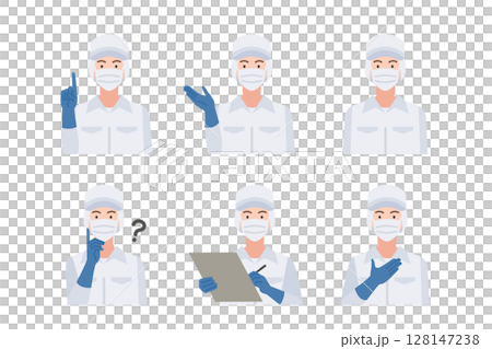 Illustration set of a woman wearing a sanitary hat and white coat 128147238