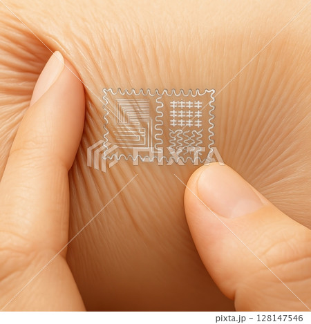Tiny transparent electronic skin patch with microcircuit design applied on human skin Tiny transparent electronic skin patch with microcircuit design applied on human skin 128147546