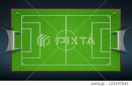 3d soccer pitch top view. Realistic night football field with goal net, corner flags, turf texture, white lines on green grass and light. Sports ground isolated dark blue background. 3D illustration 128147641