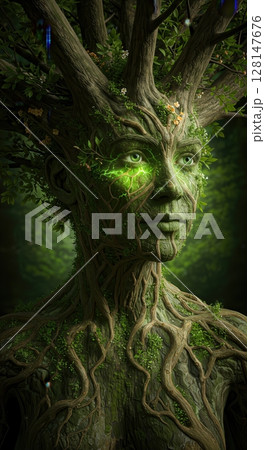 Person Merged Ancient Tree Circulatory System Bark Skin Portrait 128147676