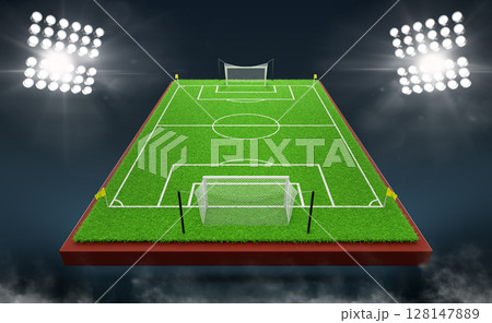 3d soccer pitch perspective, football stadium at night with bright beams of spotlights. Green grass field with goal posts, corner flags for championship game background, sports match. 3D illustration 128147889