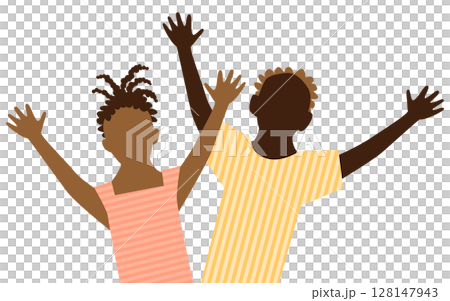 Two black children, male and female, raising their hands 128147943