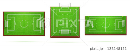3d soccer pitch top view and perspective. Football field stadium with goal posts, corner flags, turf texture, marking of zones and white lines on green grass, isolated render icon set. 3D illustration 128148131