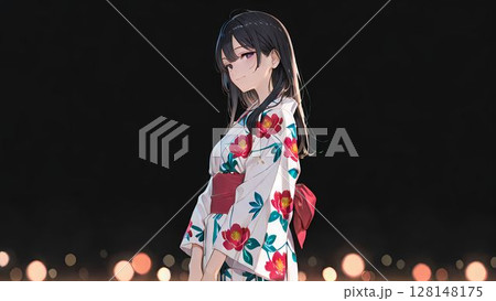 夜に白い花柄の浴衣を着た女性の横顔 夜に白い花柄の浴衣を着た女性の横顔 128148175