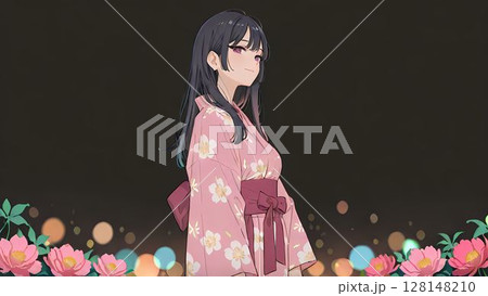 夜にピンクの花柄の浴衣を着た女性のイラスト 夜にピンクの花柄の浴衣を着た女性のイラスト 128148210