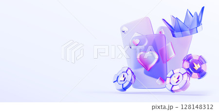 3d glass holographic casino poker cards, vip chips with crown on blue game background. Playing online blackjack banner with gambling tokens, cards with hearts, spades, diamonds icons. 3D illustration 3d glass holographic casino poker cards, vip chips with crown on blue game background. Playing online blackjack banner with gambling tokens, cards with hearts, spades, diamonds icons. 3D illustration 128148312