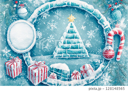 Explore the wonders of winter within an arctic circular frame featuring an icy igloo and festive decorations 128148565