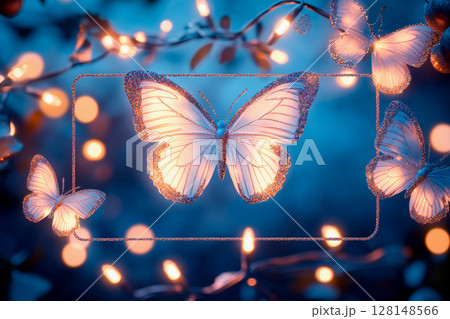 Delicate butterfly ornaments with glitter-dusted wings and glowing decorations create a whimsical atmosphere 128148566