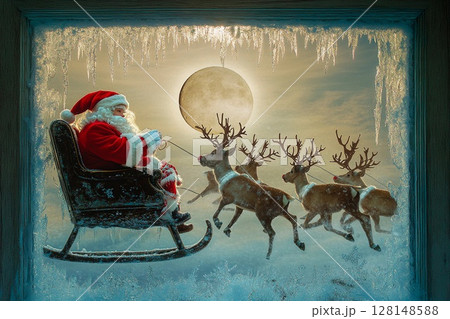 Santa in a vintage sleigh with reindeer against a frosted window and moonlit night Santa in a vintage sleigh with reindeer against a frosted window and moonlit night 128148588