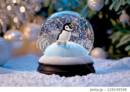 Tiny penguin slides down ice slide inside decorative snow globe with snowy background 128148598