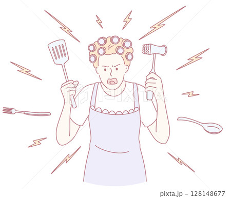 A furious cook stands with various kitchen utensils all ready for action and battle 128148677