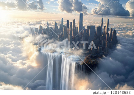 City of clouds with majestic waterfalls cascading into the abyss under a serene sky at twilight 128148688
