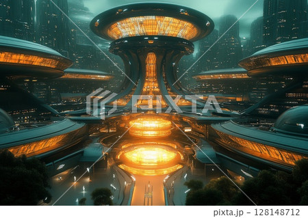 Futuristic university campus designed around glowing architecture and vibrant illumination during twilight hours 128148712