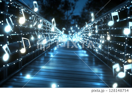 Musical bridge illuminated with shining notes creating a harmonious atmosphere at night 128148754