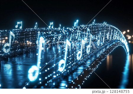 Musical bridge illuminated with shining notes creating a harmonious atmosphere at night Musical bridge illuminated with shining notes creating a harmonious atmosphere at night 128148755