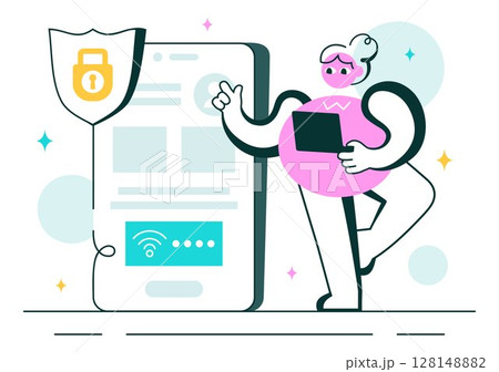 WiFi Security Vector Illustration with Wireless Technology Devices for Internet Connection, Network Protection, Safe Access, and Password Encryption 128148882