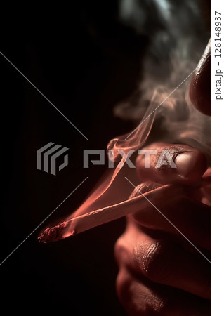 Close-up of hand holding burning cigarette with swirling smoke on dark background 128148937