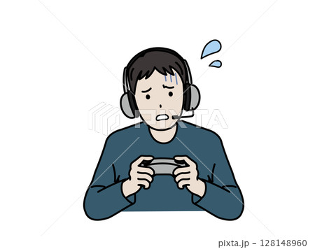 ゲームが難しく苦戦する男性のイラスト ゲームが難しく苦戦する男性のイラスト 128148960