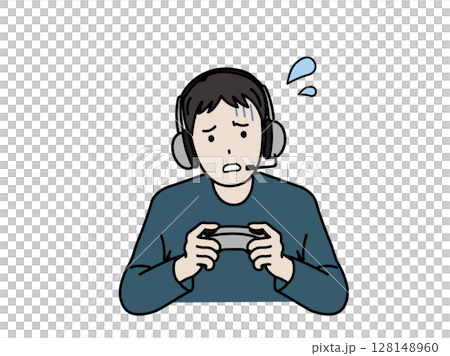 ゲームが難しく苦戦する男性のイラスト ゲームが難しく苦戦する男性のイラスト 128148960