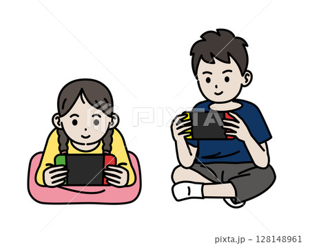 ゲームして遊ぶ子供達のイラスト ゲームして遊ぶ子供達のイラスト 128148961
