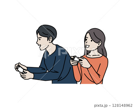 ゲームして遊ぶカップルのイラスト ゲームして遊ぶカップルのイラスト 128148962