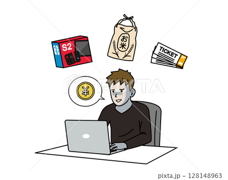 様々な商品を転売する男性のイラスト 128148963