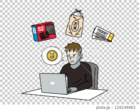 様々な商品を転売する男性のイラスト 128148963