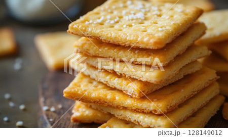 Stack of crisp saltine crackers with coarse salt on wooden board 128149012