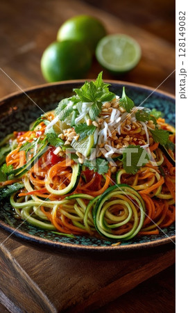 Fresh zucchini noodle salad with lime and peanut garnish for healthy cuisine inspiration Fresh zucchini noodle salad with lime and peanut garnish for healthy cuisine inspiration 128149082
