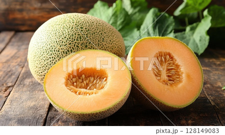 Fresh cantaloupe on rustic wooden table for organic food and healthy eating theme 128149083