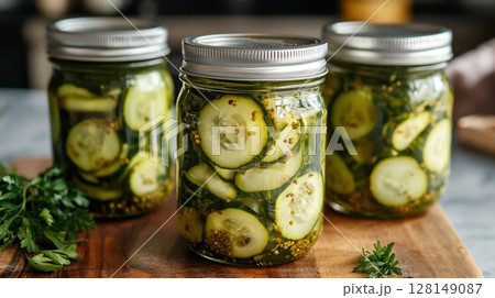 Homemade pickled cucumbers in glass jars on wooden surface 128149087
