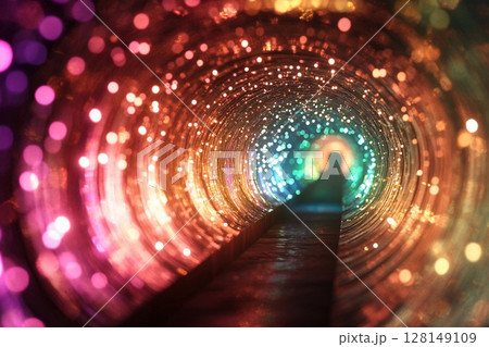 Colorful illuminated tunnel creates a stunning visual experience with shimmering lights in various hues 128149109