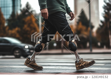 Man confidently walking on the street with a prosthetic leg during a sunny day in an urban environment 128149132