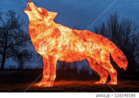 Massive glowing wolf howling into the night under a starry sky, surrounded by trees and foliage 128149166