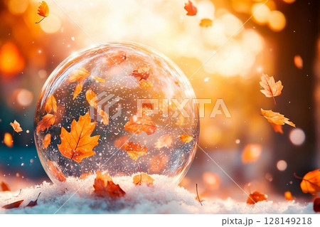 Captivating glass globe filled with vibrant leaves amidst sparkling light 128149218
